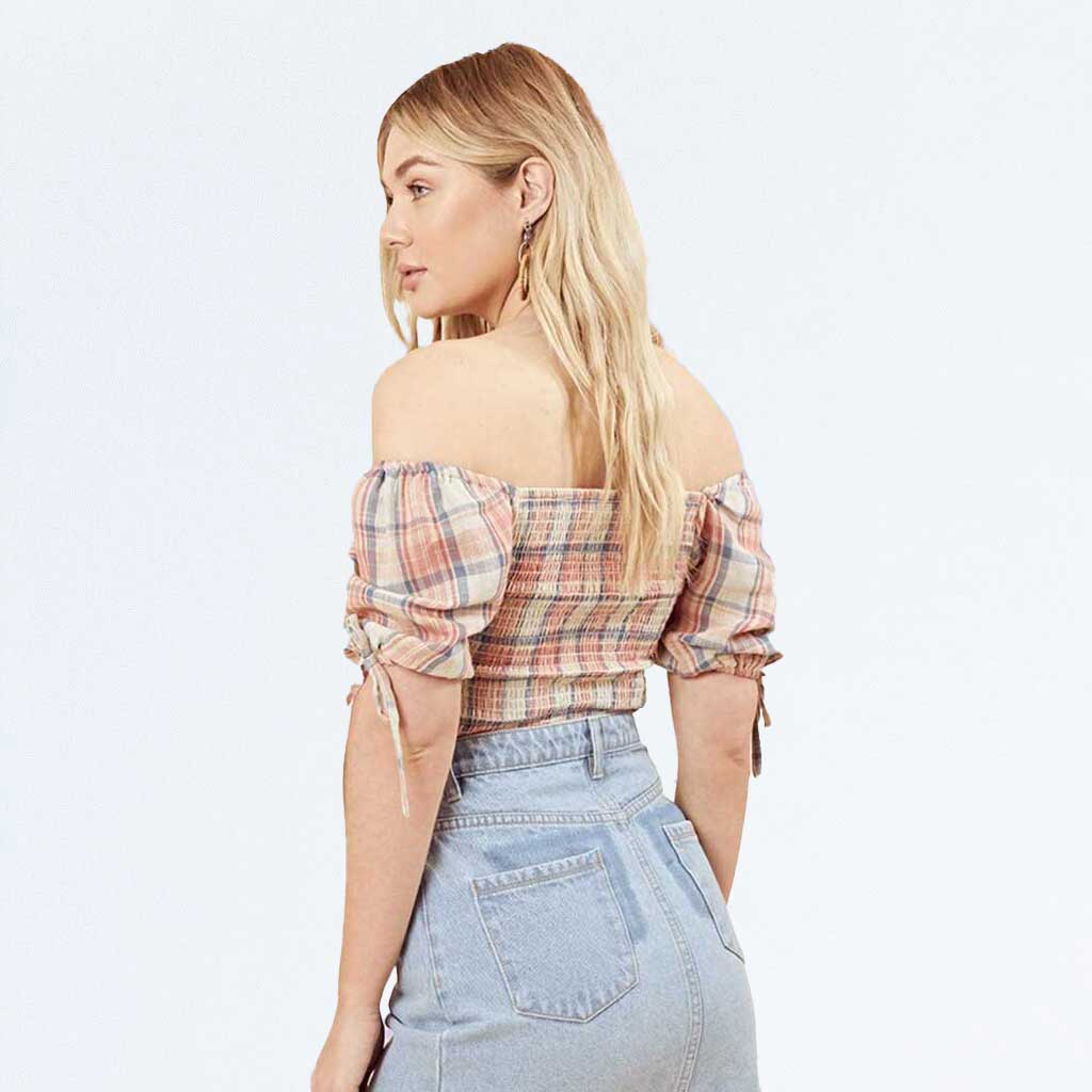 Beige Check Print Shirred Bardot Off the Shoulder Bustier Crop Top