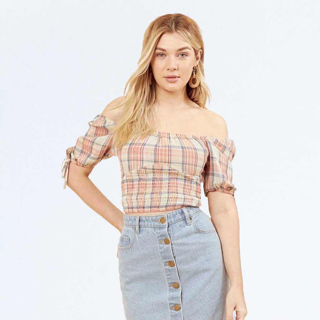 Beige Check Print Shirred Bardot Off the Shoulder Bustier Crop Top