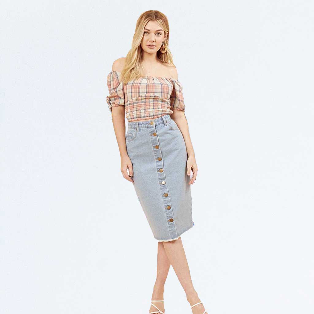 Beige Check Print Shirred Bardot Off the Shoulder Bustier Crop Top