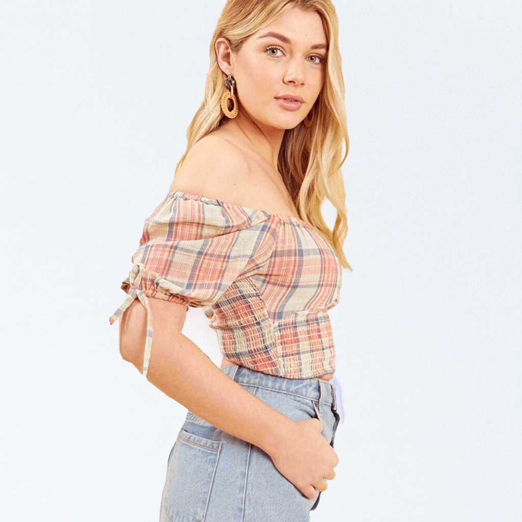 Beige Check Print Shirred Bardot Off the Shoulder Bustier Crop Top