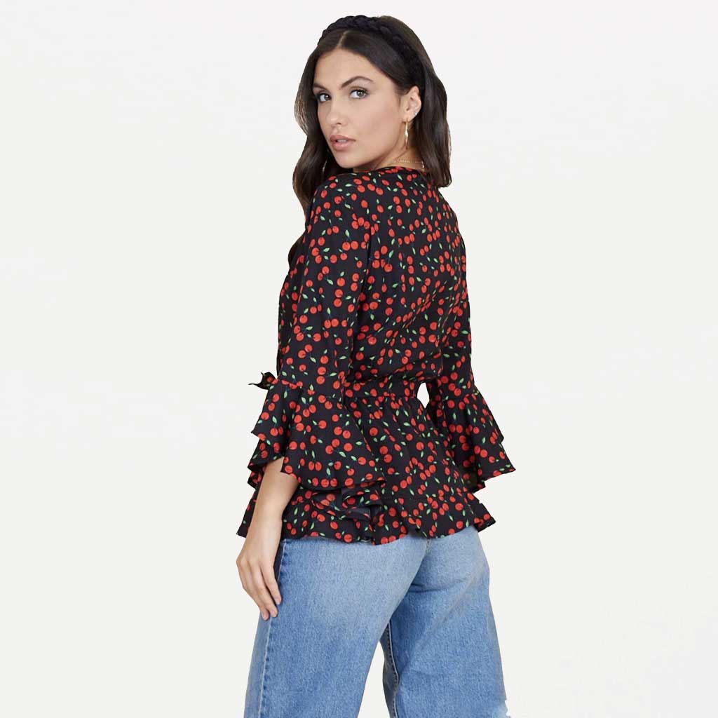 Black Cherry Print Long Fluted Sleeve Ruffle Wrap Blouse