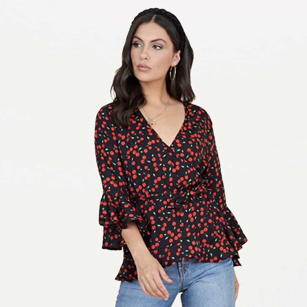 Black Cherry Print Long Fluted Sleeve Ruffle Wrap Blouse