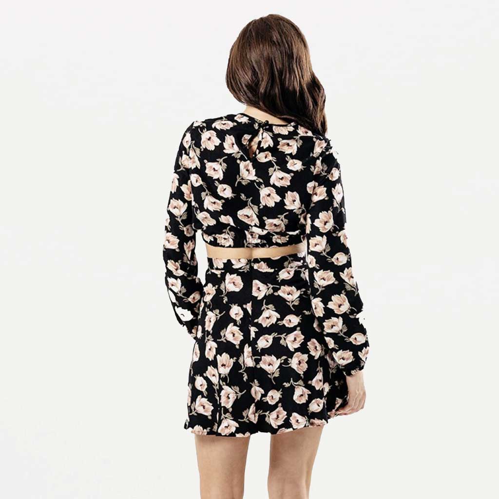 Black Floral Long Sleeve Cut Out Tie Front Crop Top