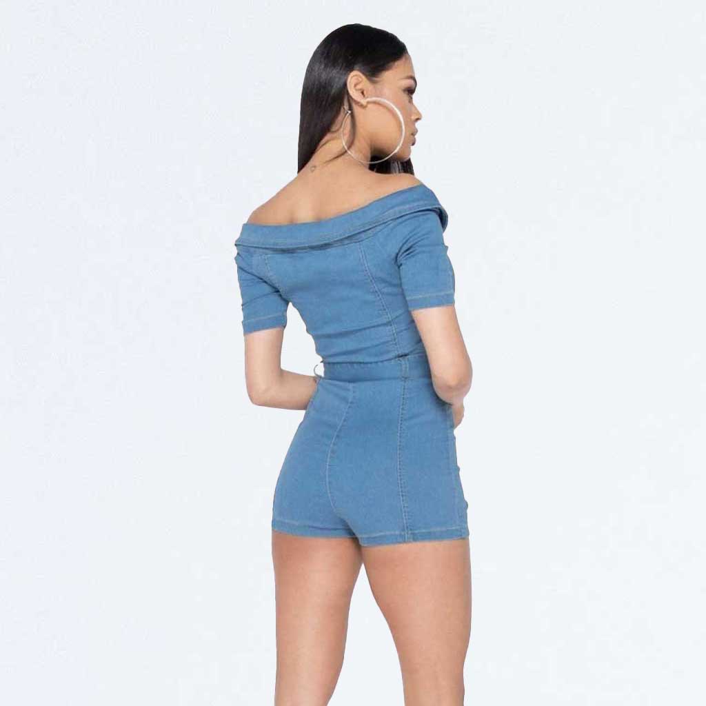 Blue Denim Bardot Zip Front Playsuit