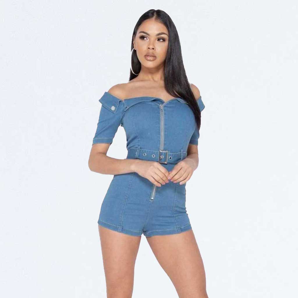 Blue Denim Bardot Zip Front Playsuit