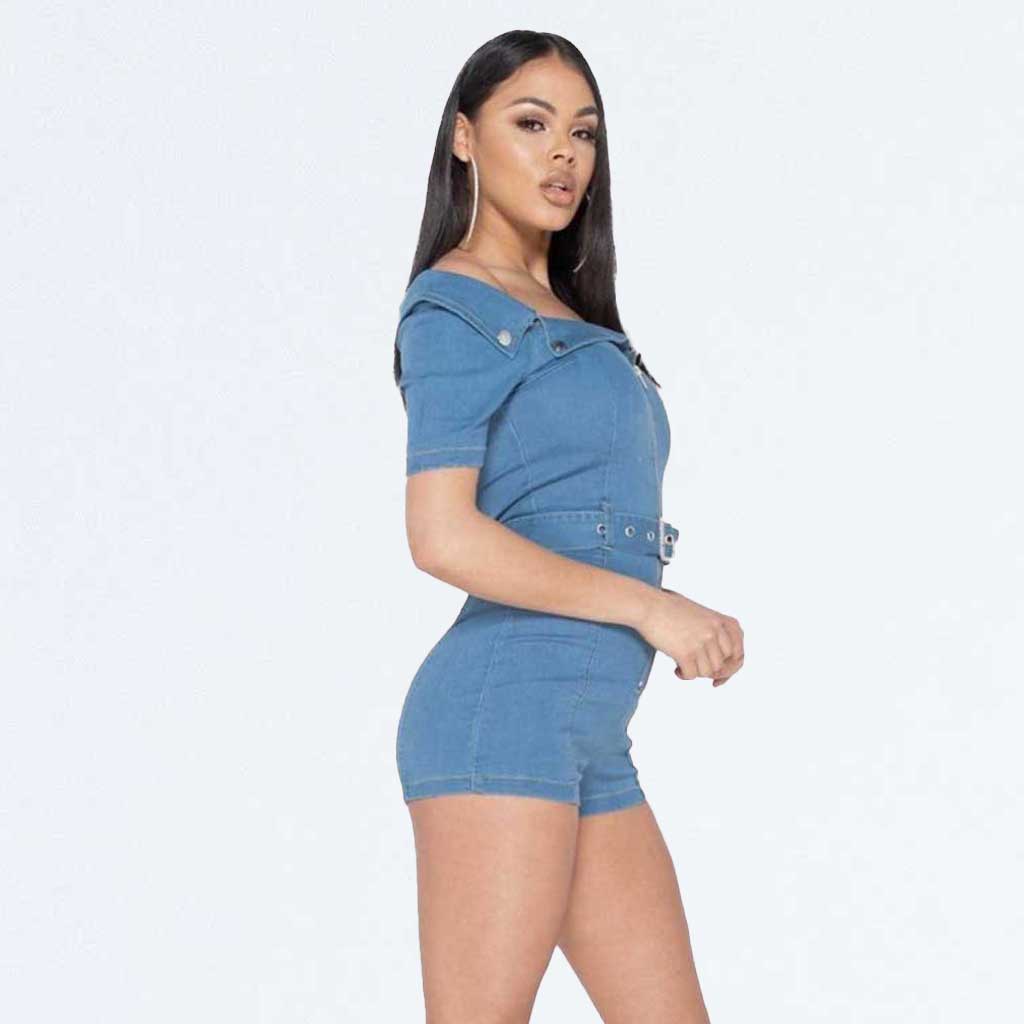 Blue Denim Bardot Zip Front Playsuit