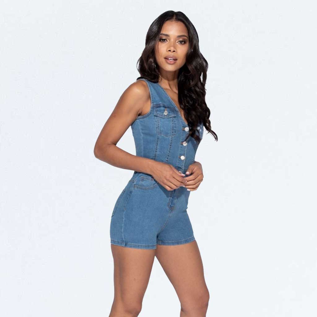 Blue Denim Button Up Sleeveless V-neck Playsuit