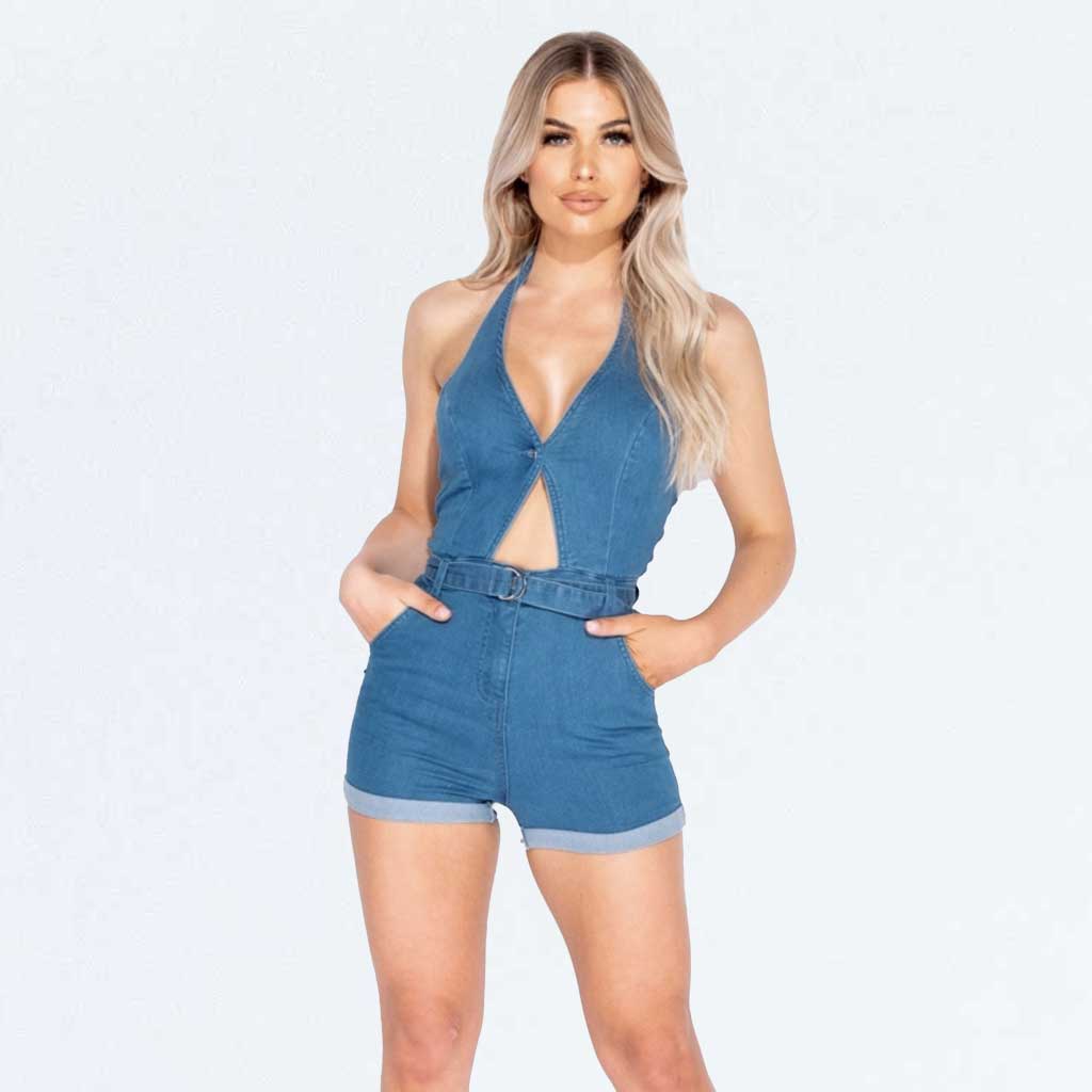 Blue Denim Halterneck Cut Out V-neck Playsuit