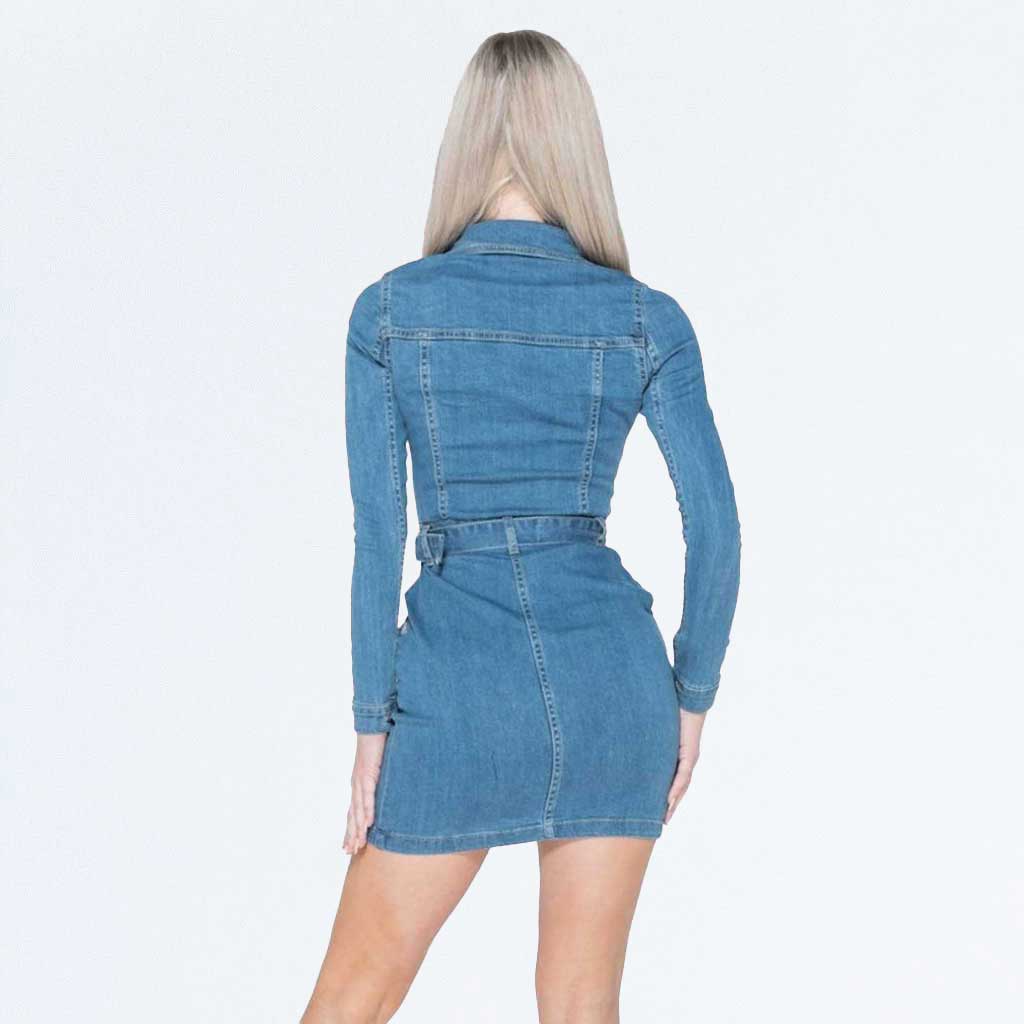 Blue Denim Long Sleeve Cowboy Buckle Button Up Belted Mini Dress