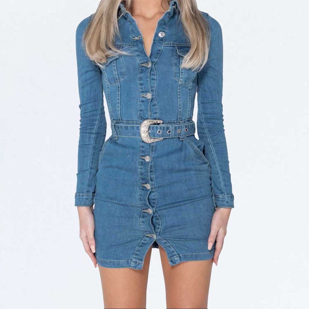 Blue Denim Long Sleeve Cowboy Buckle Button Up Belted Mini Dress