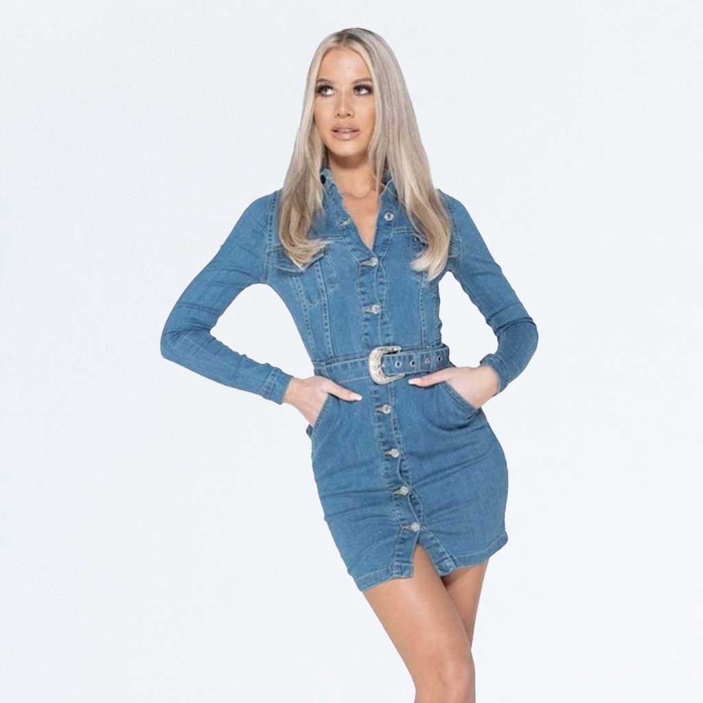 Blue Denim Long Sleeve Cowboy Buckle Button Up Belted Mini Dress