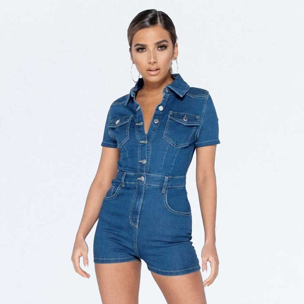 Blue Denim Short Sleeve Button Up Playsuit