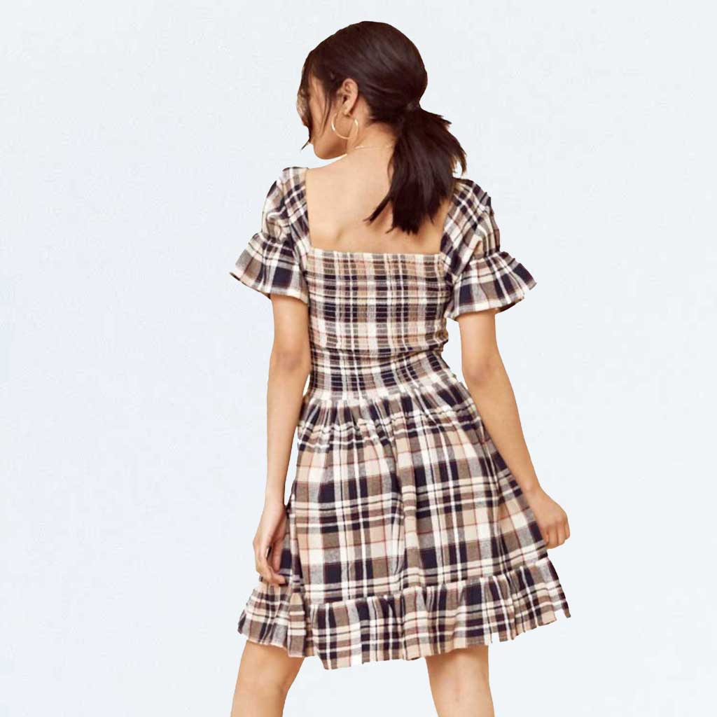 Brown Brushed Check Shirred Ruffle Hem Dress