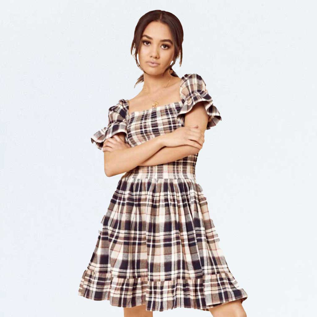 Brown Brushed Check Shirred Ruffle Hem Dress