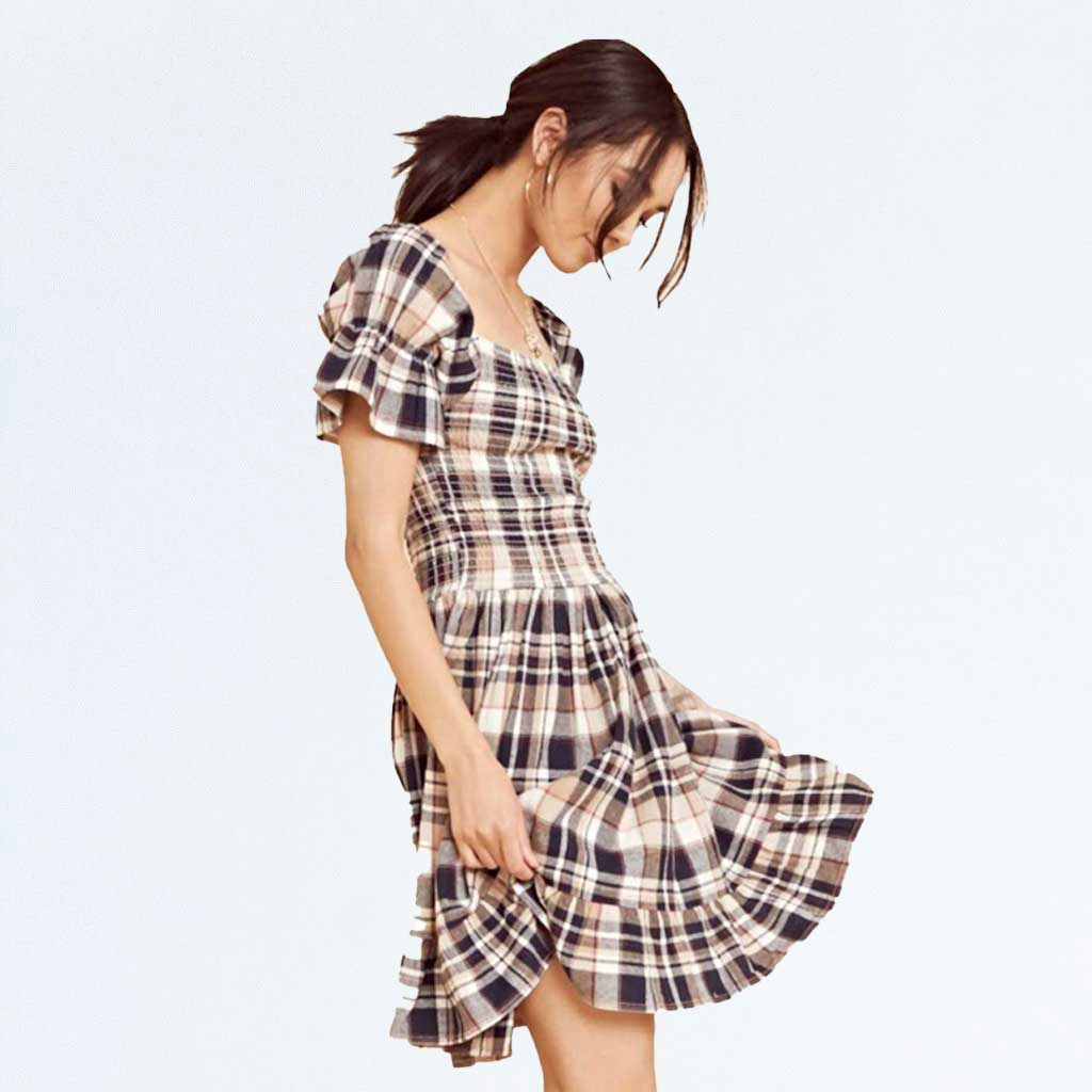 Brown Brushed Check Shirred Ruffle Hem Dress