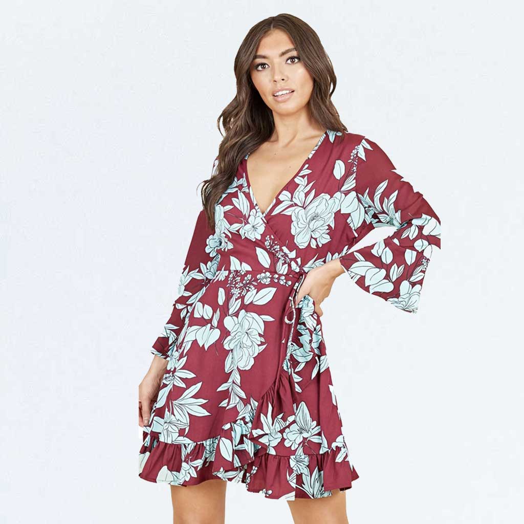 Burgundy Floral V-neck Long Sleeve Flair Ruffle Wrap Skater Dress