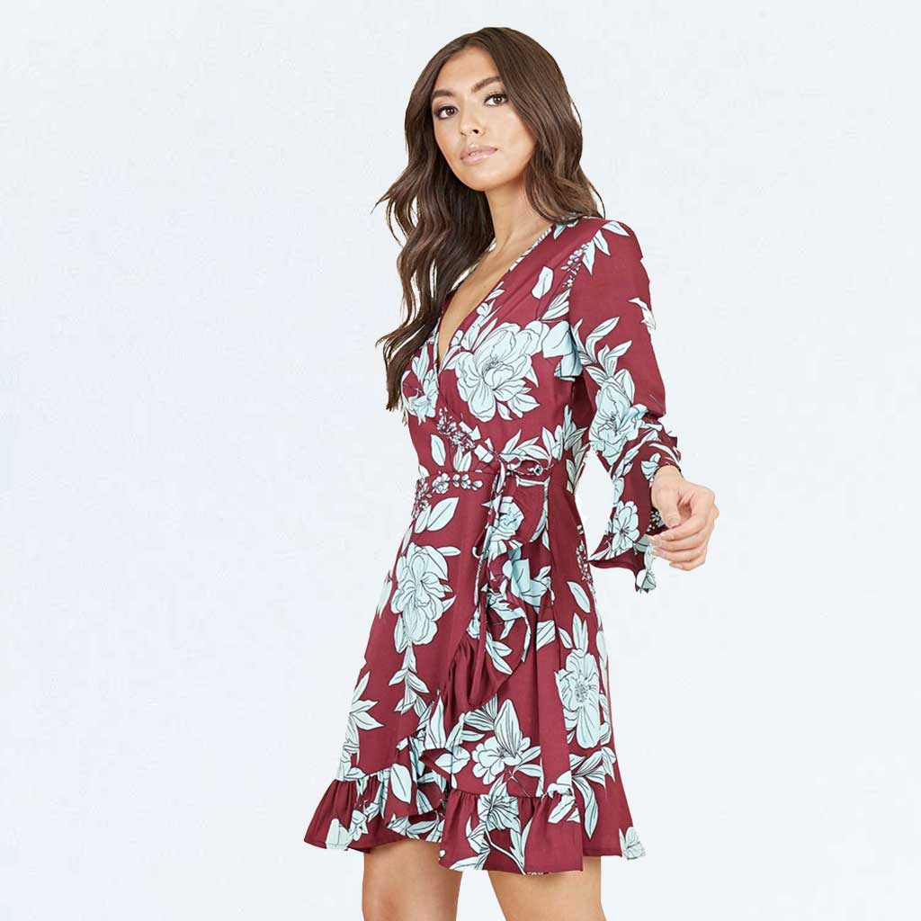 Burgundy Floral V-neck Long Sleeve Flair Ruffle Wrap Skater Dress