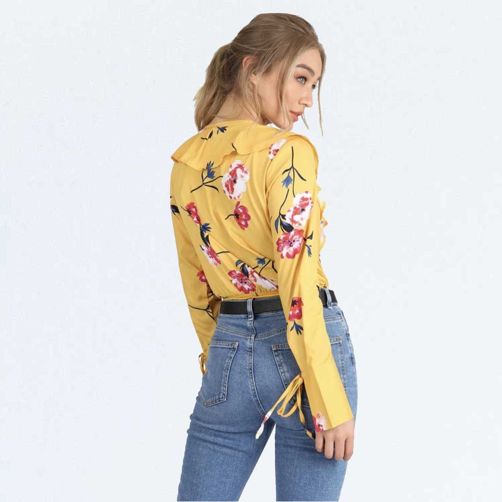 Influence Fashion Yellow Floral Wrap Ruffle Frill Long Sleeve Blouse Bodysuit