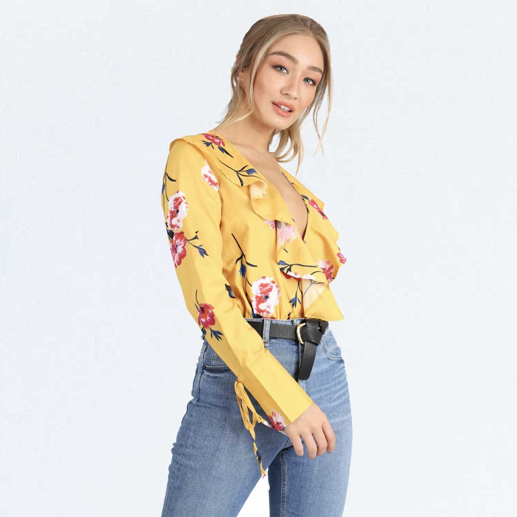 Influence Fashion Yellow Floral Wrap Ruffle Frill Long Sleeve Blouse Bodysuit