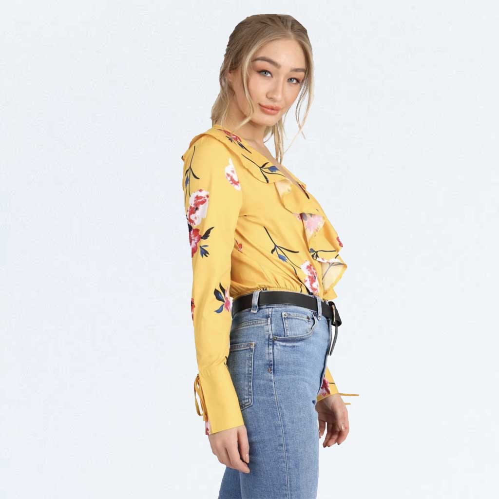 Influence Fashion Yellow Floral Wrap Ruffle Frill Long Sleeve Blouse Bodysuit