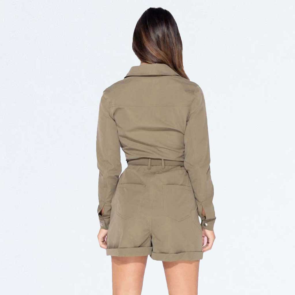 Khaki Green Utility Long Sleeve Belted Playsuit