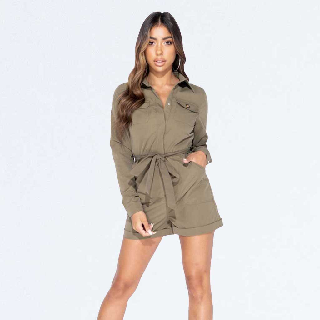 Khaki Green Utility Long Sleeve Belted Playsuit