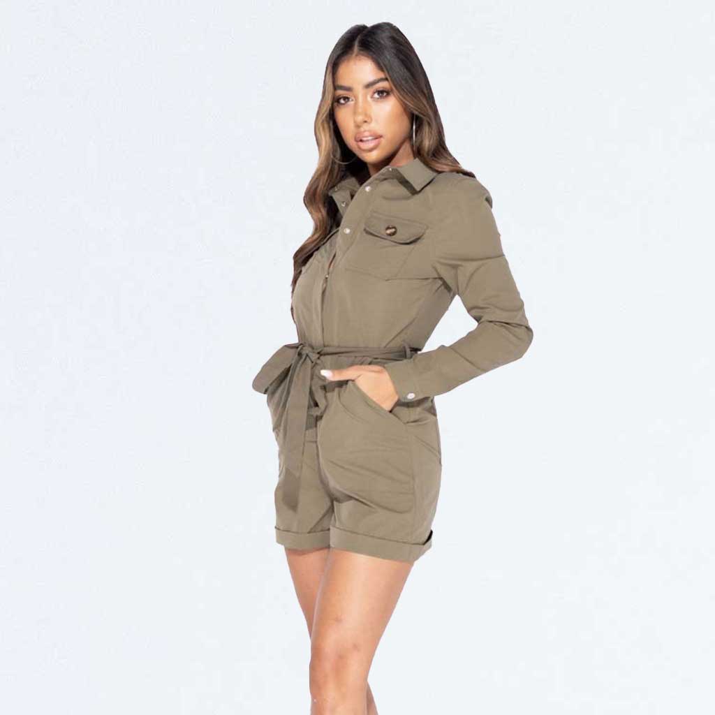 Khaki Green Utility Long Sleeve Belted Playsuit