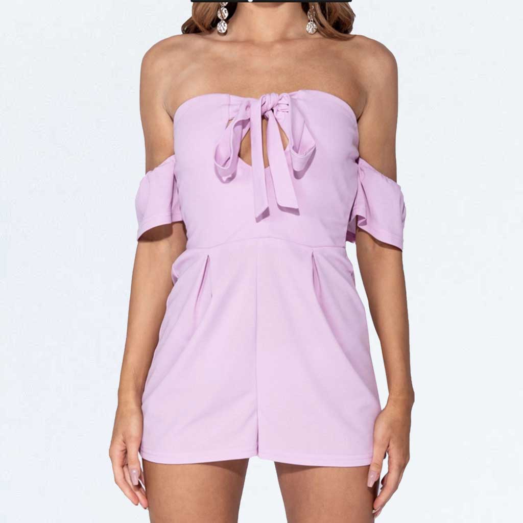 Lilac Purple Bardot Sleeve Tie Up Front Keyhole Shirred Back Playsuit