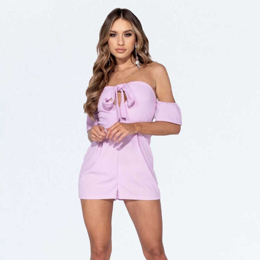 Lilac Purple Bardot Sleeve Tie Up Front Keyhole Shirred Back Playsuit