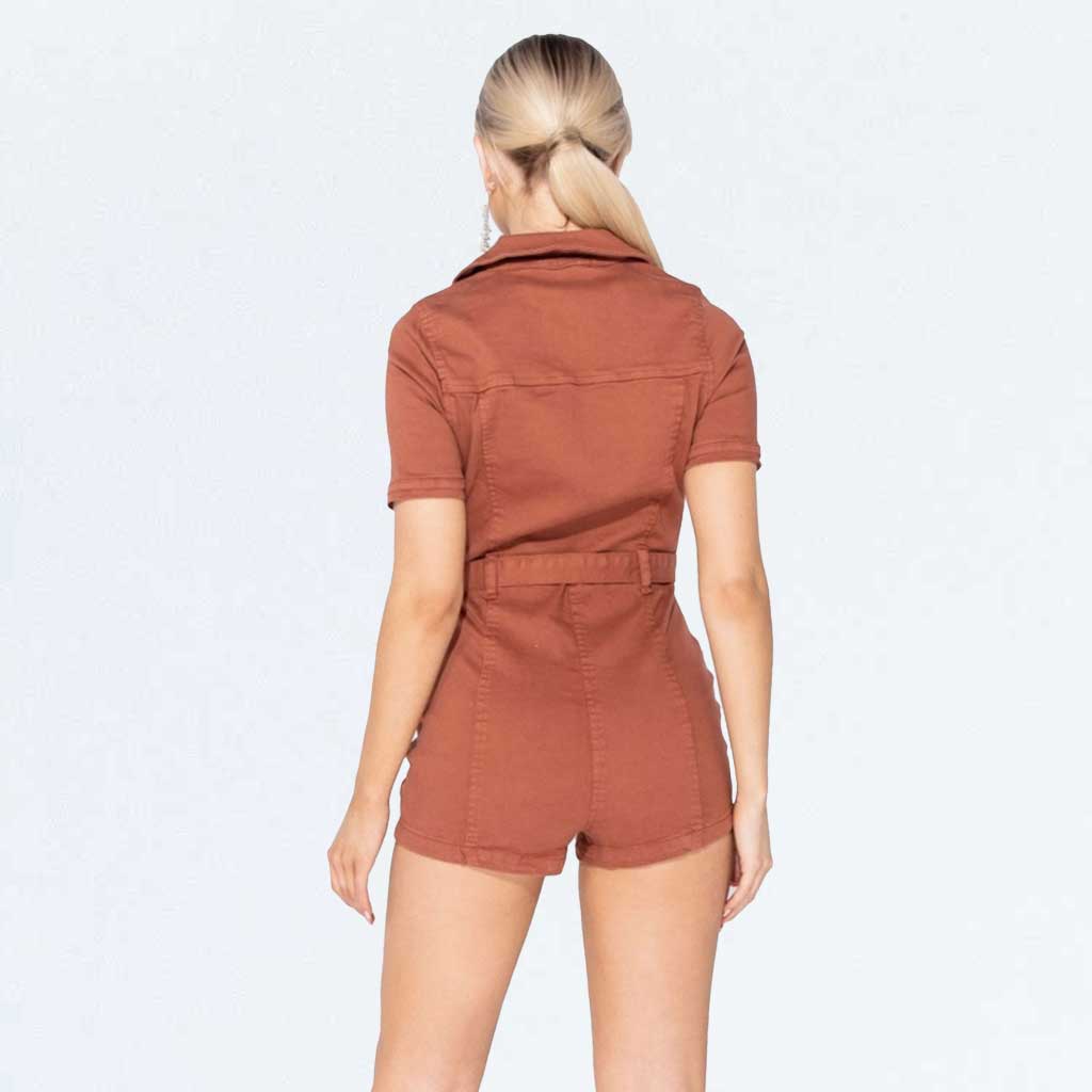 Orange Rust Denim Belted Zip Up Short Sleeve Playsuit