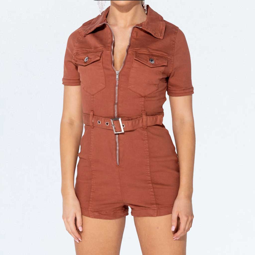 Orange Rust Denim Belted Zip Up Short Sleeve Playsuit