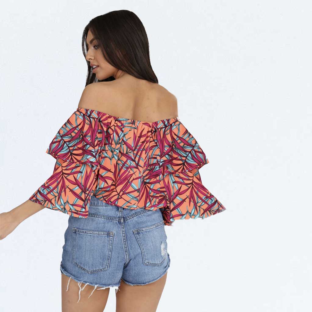 Orange Tropical Floral Print Frill Bardot Crop Top