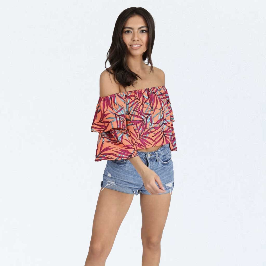 Orange Tropical Floral Print Frill Bardot Crop Top