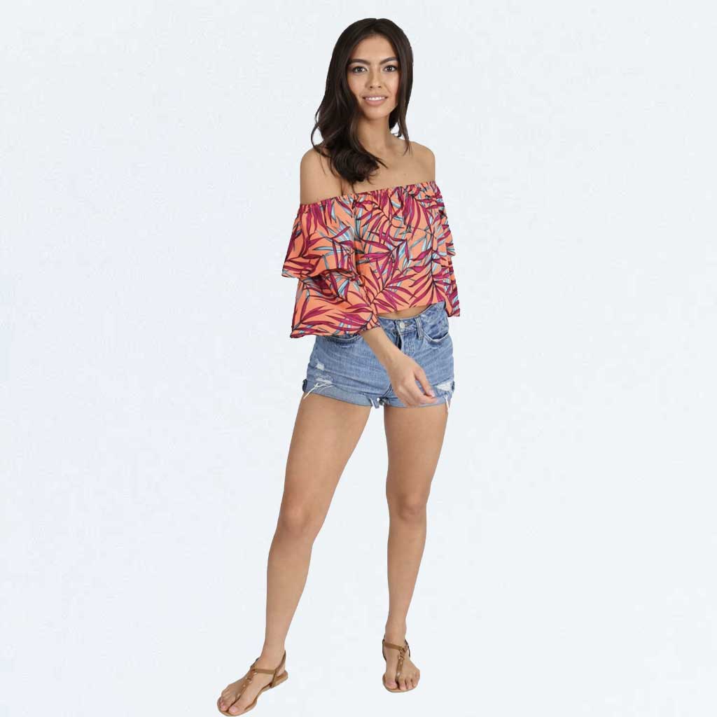 Orange Tropical Floral Print Frill Bardot Crop Top