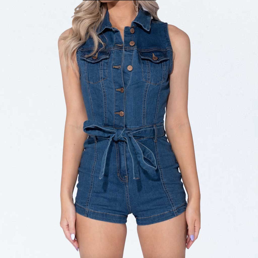 Parisian Blue Denim Button Up Belted Playsuit