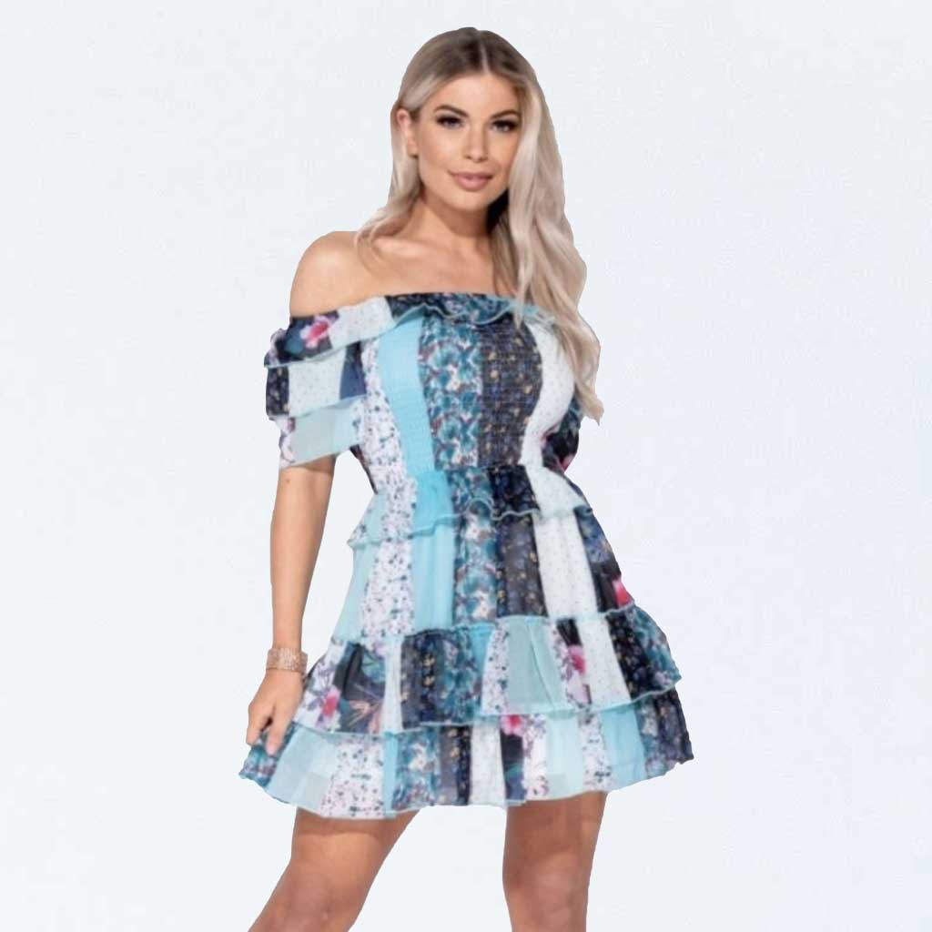 Parisian Blue Floral Polka Dot Patchwork Shirred Bardot Boho Tiered Mini Dress