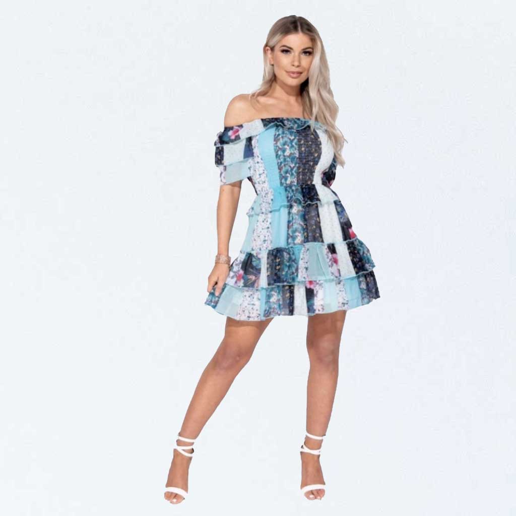 Parisian Blue Floral Polka Dot Patchwork Shirred Bardot Boho Tiered Mini Dress