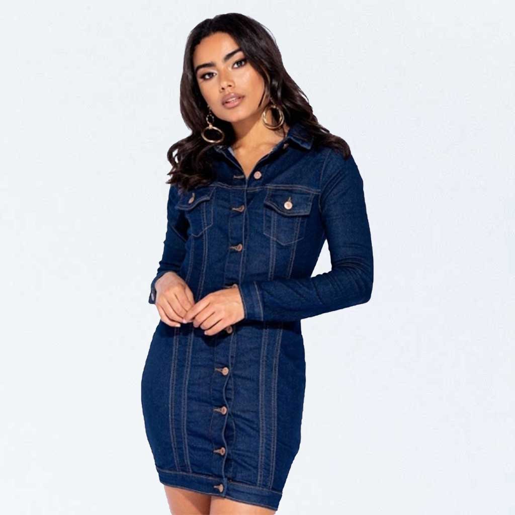 Parisian Indigo Blue Denim Button Up Long Sleeve Bodycon Shirt Dress