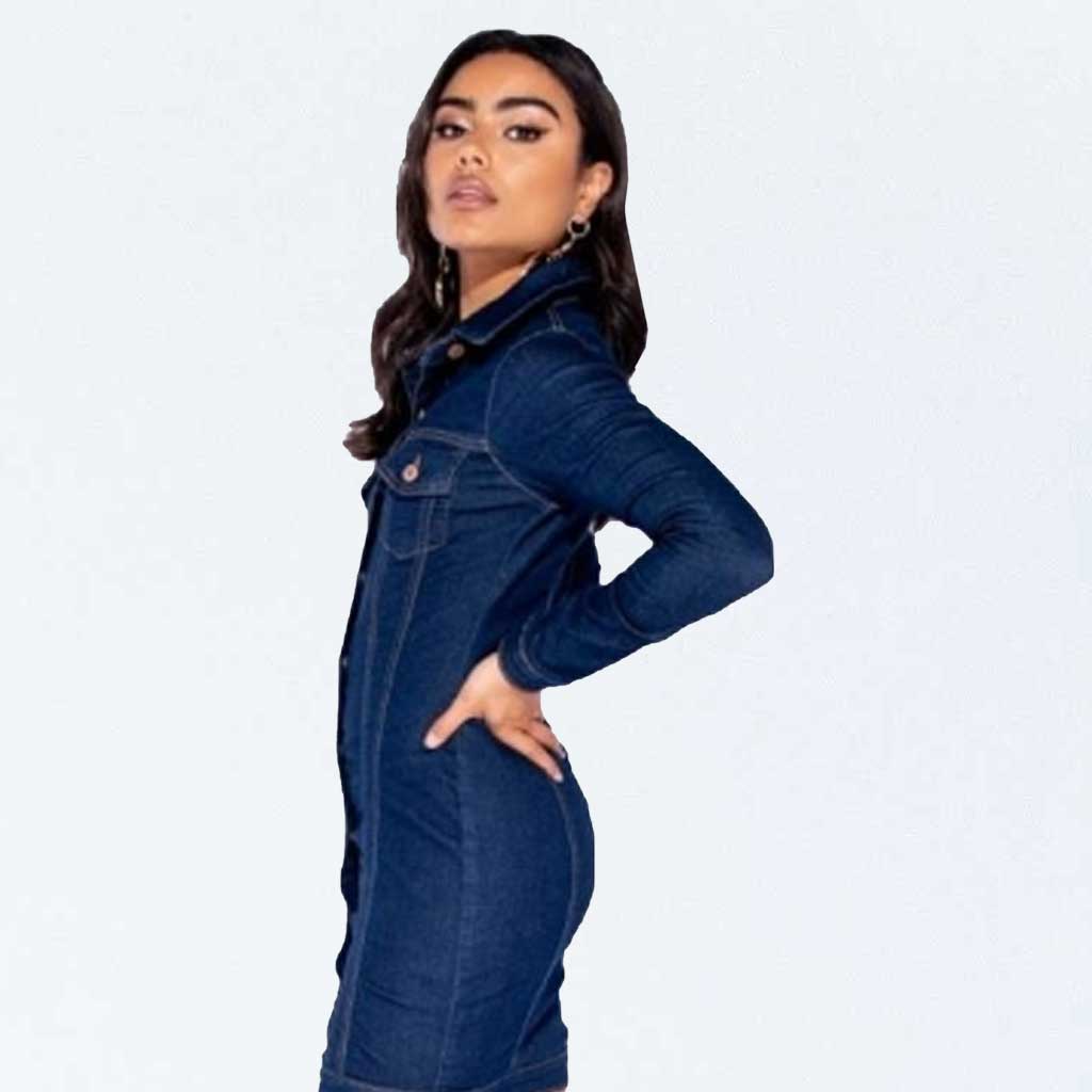 Parisian Indigo Blue Denim Button Up Long Sleeve Bodycon Shirt Dress