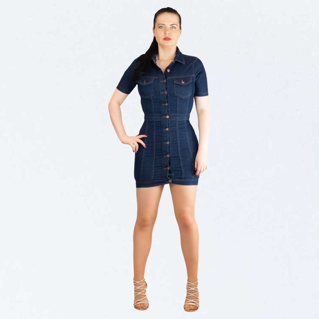 Parisian Indigo Blue Denim Button Up Short Sleeve Bodycon Dress