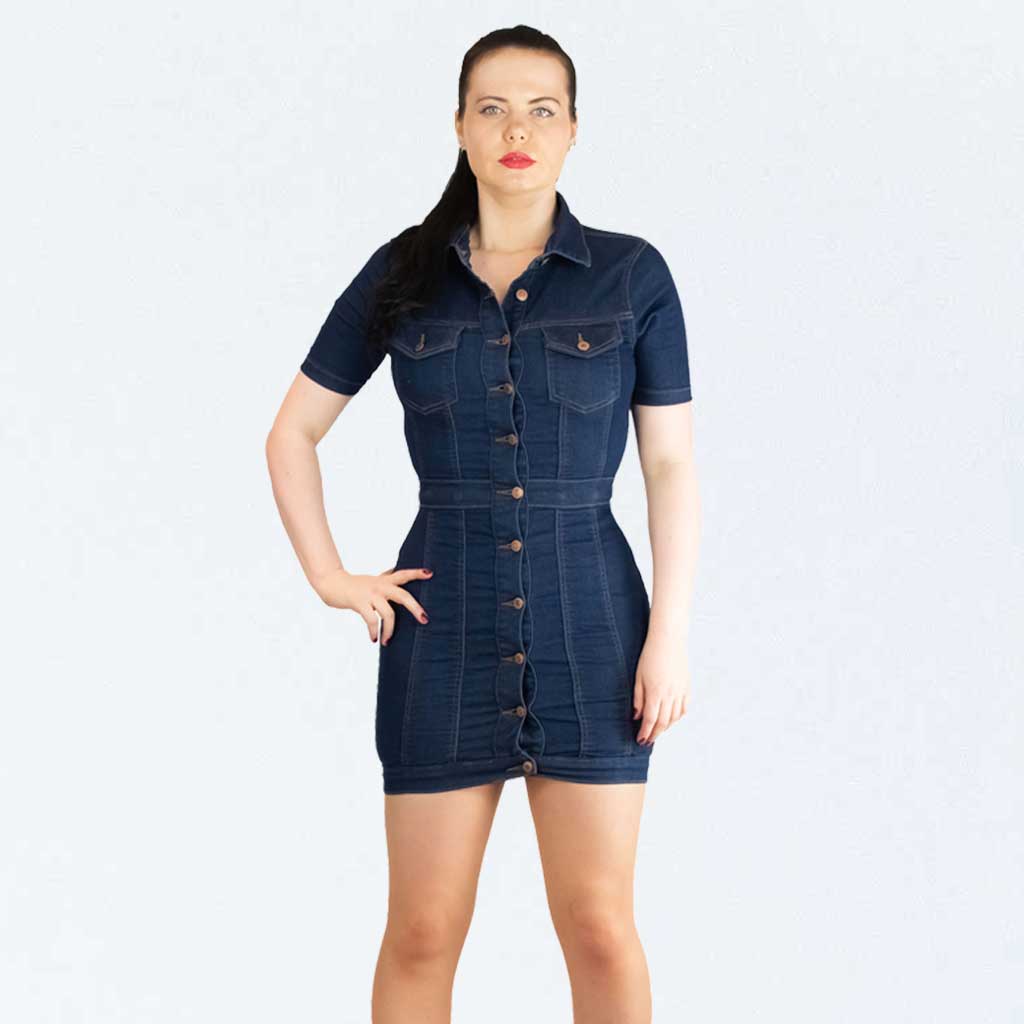 Parisian Indigo Blue Denim Button Up Short Sleeve Bodycon Dress