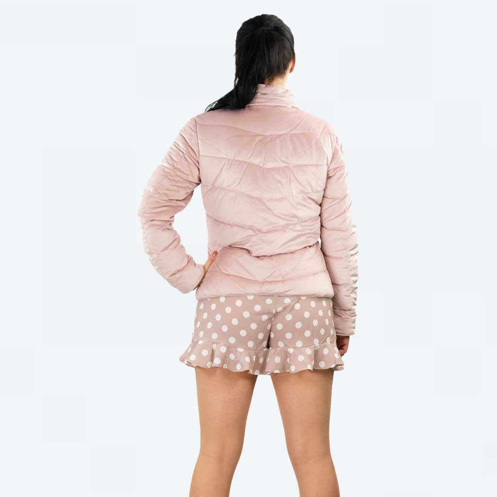 Parisian Pink Velvet Zip Front Quilted Puffer Jacket