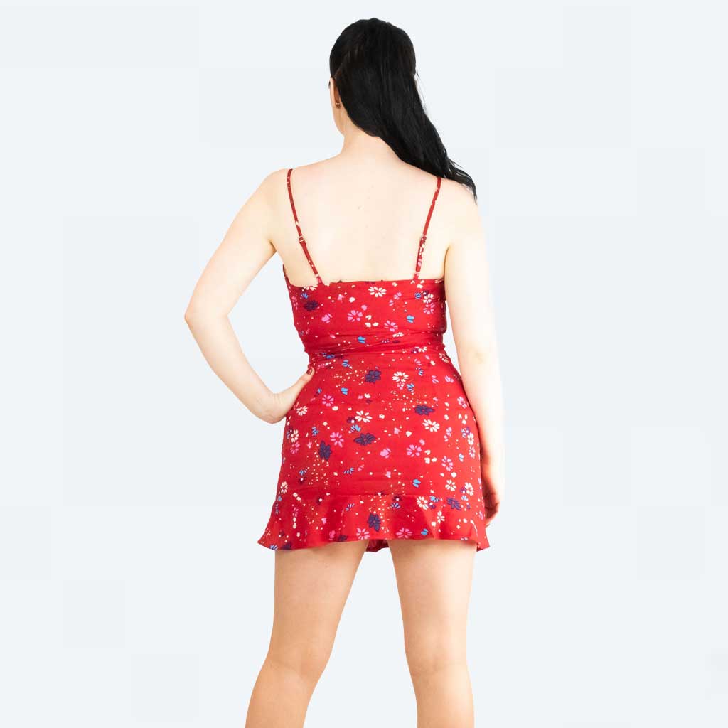 Parisian Red Floral Button Up A-line Mini Skater Skirt