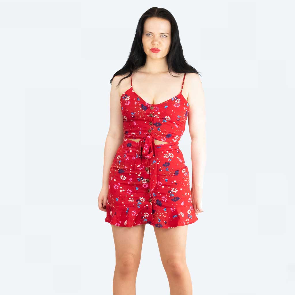 Parisian Red Floral Button Up A-line Mini Skater Skirt