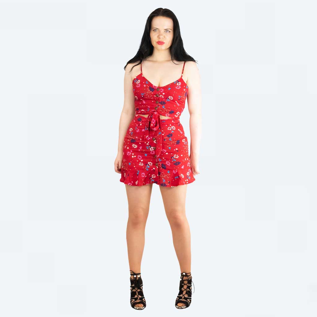 Parisian Red Ditsy Print Floral Tie Up Strappy Crop Top