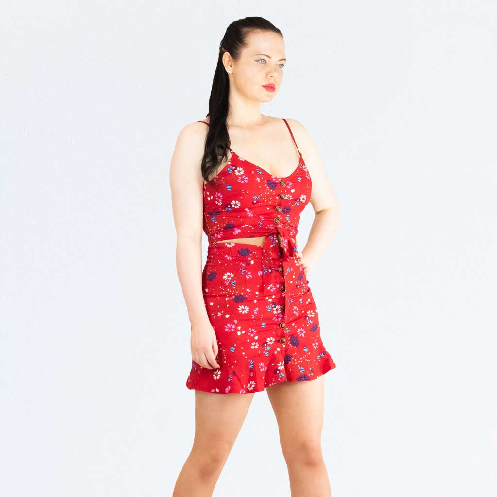 Parisian Red Ditsy Print Floral Tie Up Strappy Crop Top