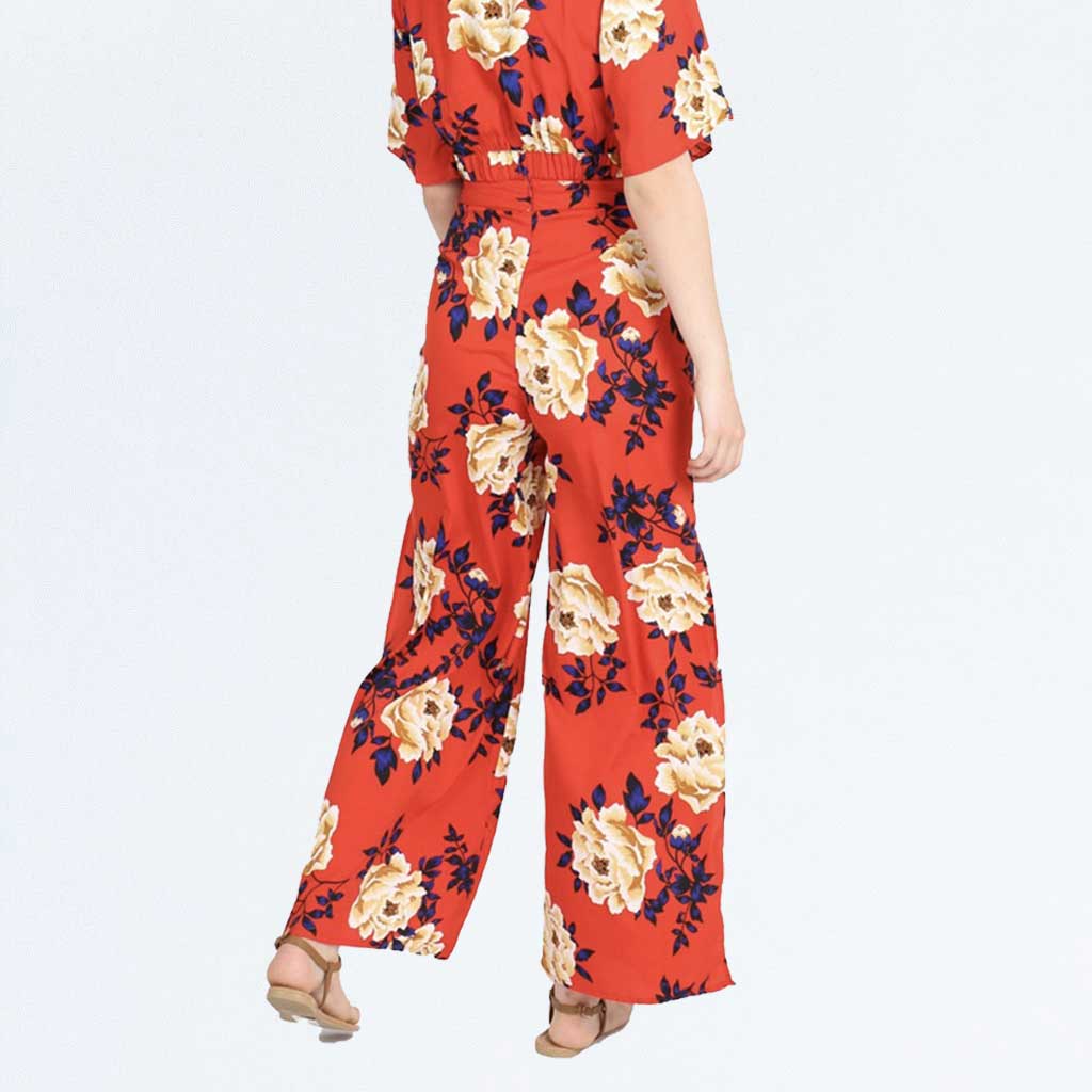 Red Floral Wide Leg Side Split Palazzo Trousers