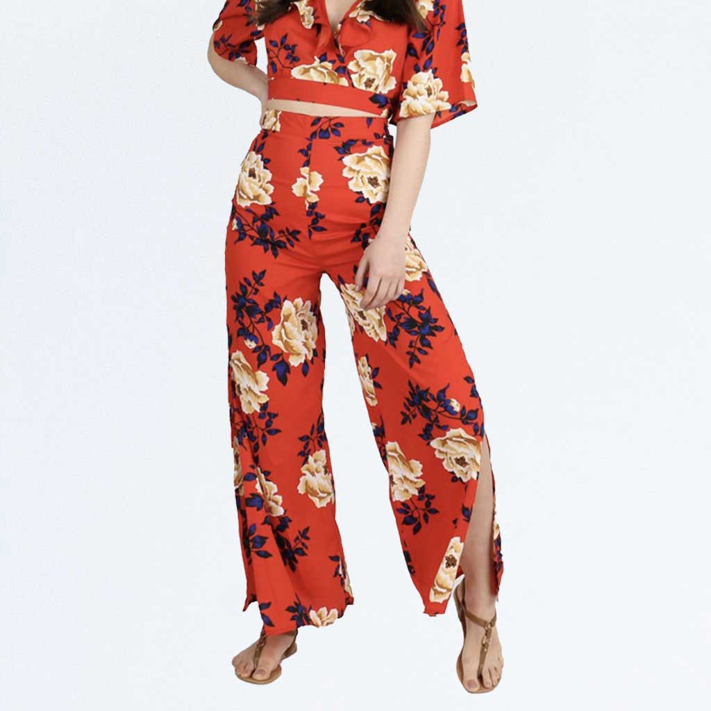 Red Floral Wide Leg Side Split Palazzo Trousers