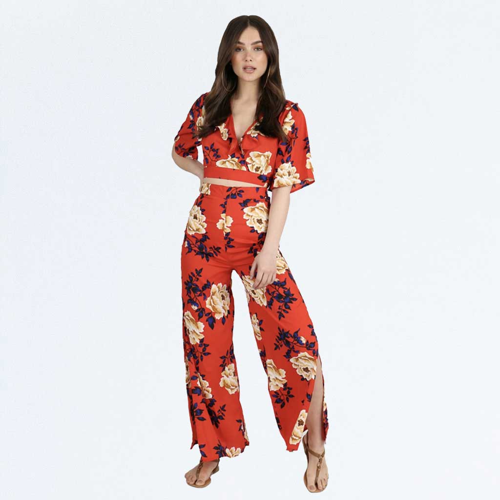 Red Floral Wide Leg Side Split Palazzo Trousers