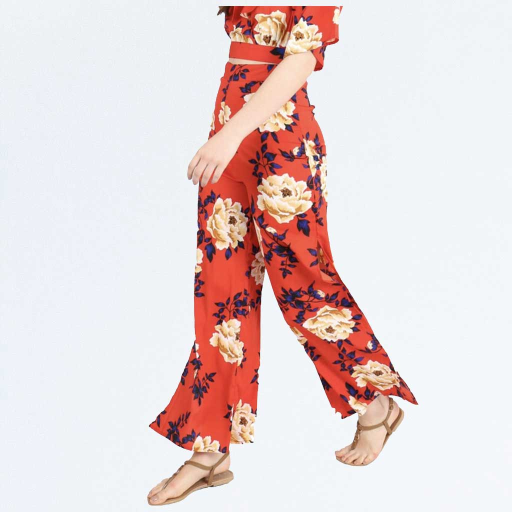 Red Floral Wide Leg Side Split Palazzo Trousers